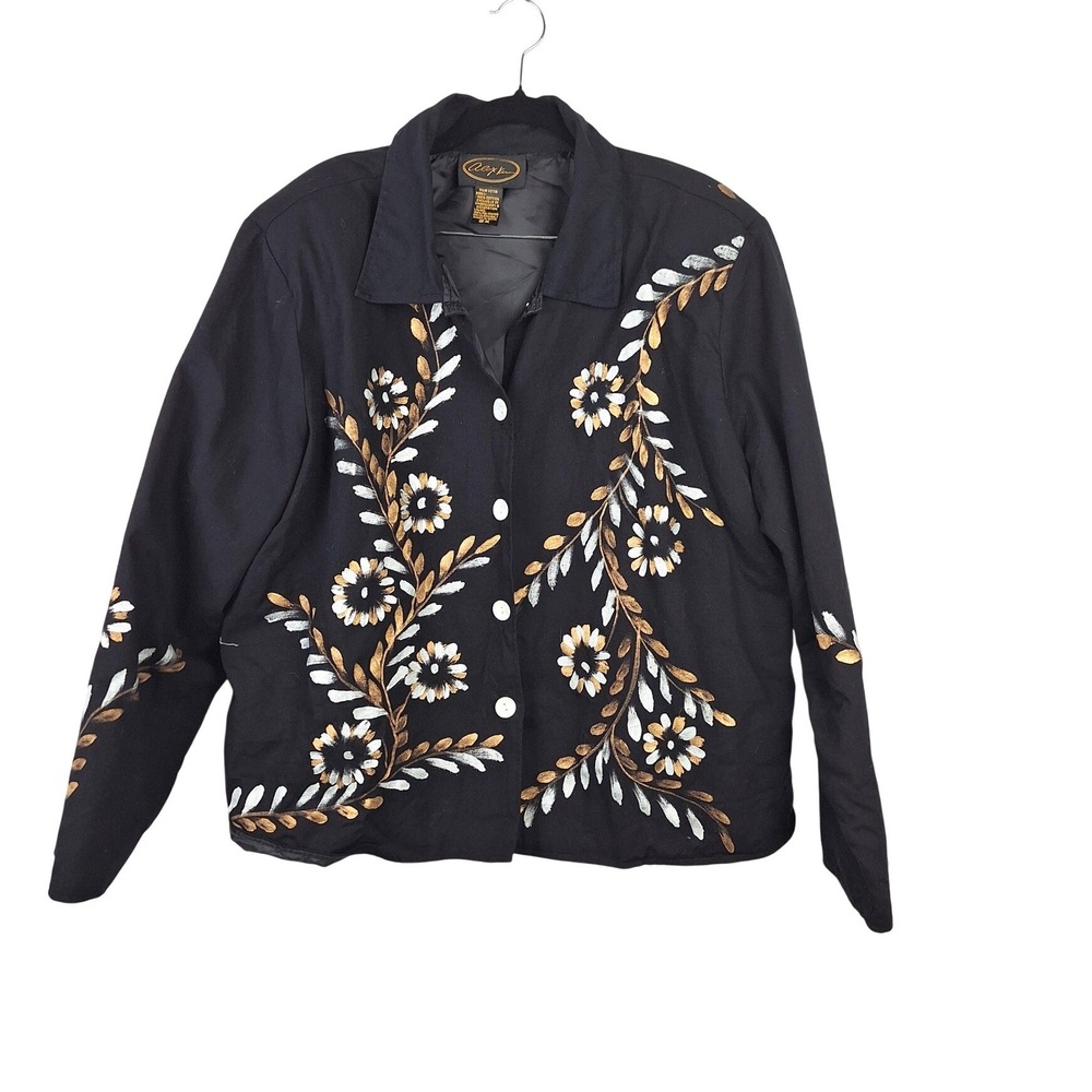 Alex‎ Kim Women 2X Black Floral Embroidered Button Front Cotton Jacket Metallic